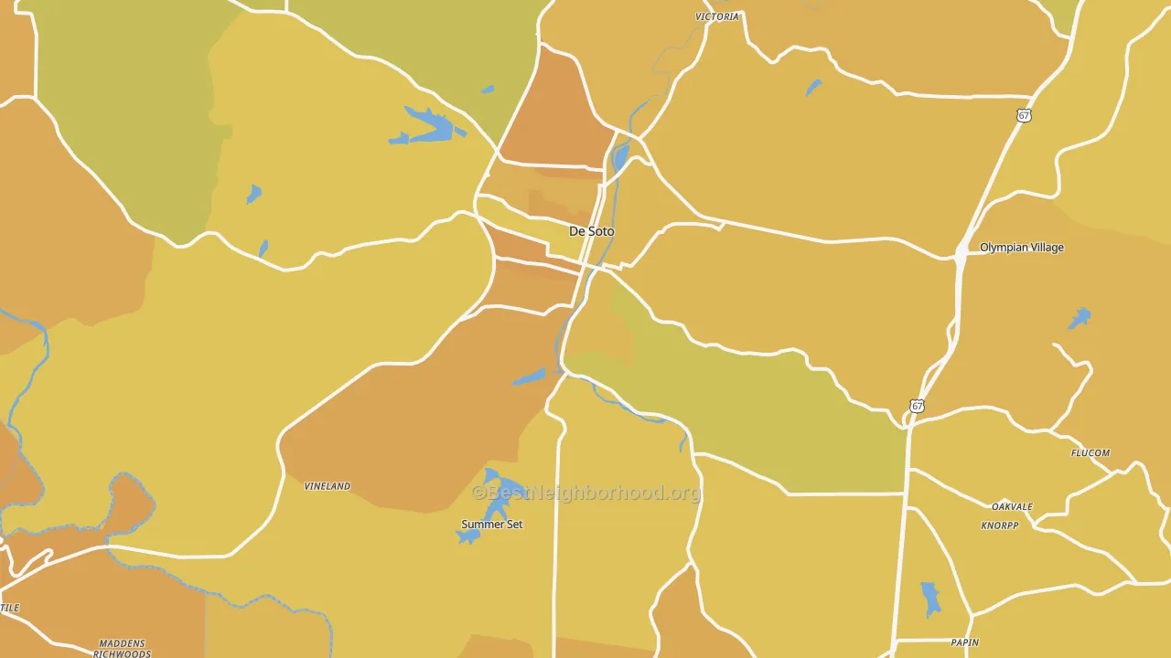 Map of the best neighborhoods in the DeSoto area, with better matches in green and worse matches in red