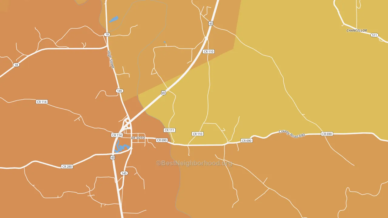 Map of the best neighborhoods in the DeSoto area, with better matches in green and worse matches in red