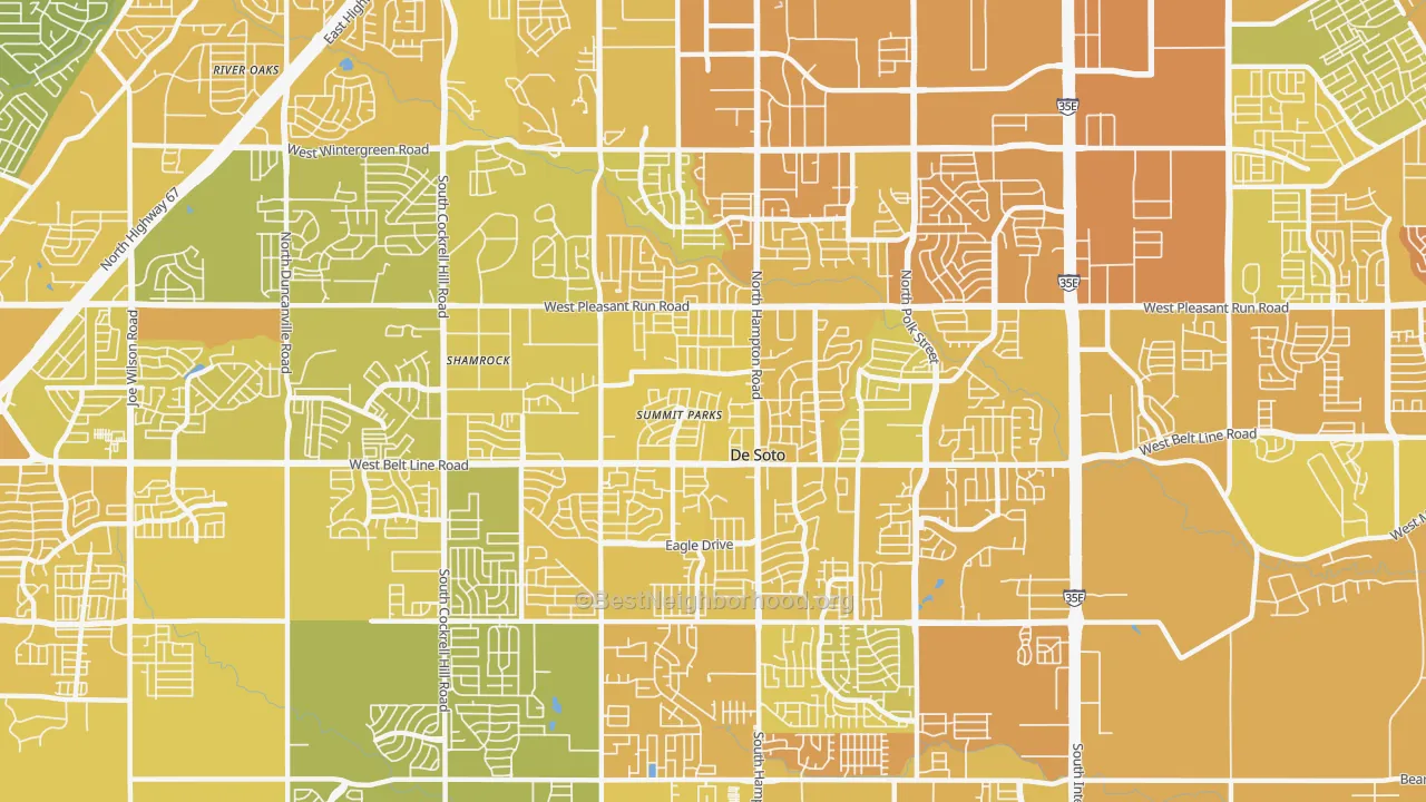 Map of the best neighborhoods in the DeSoto area, with better matches in green and worse matches in red