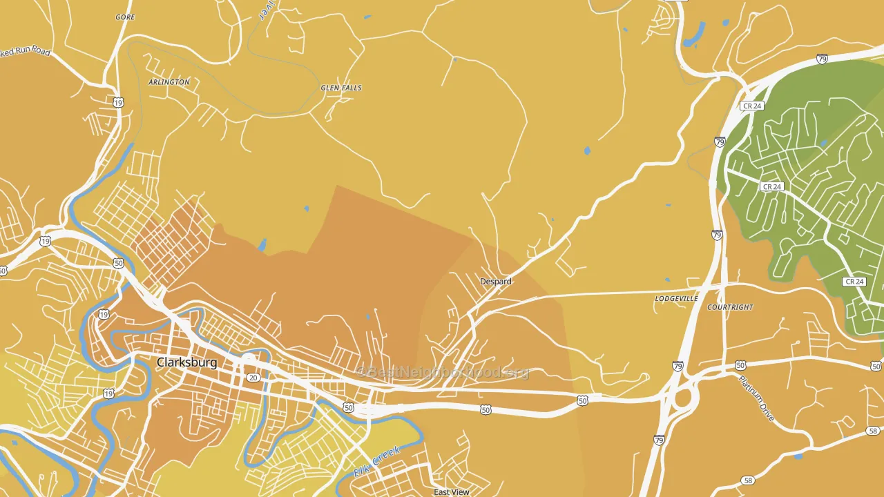 Map of the best neighborhoods in the Despard area, with better matches in green and worse matches in red