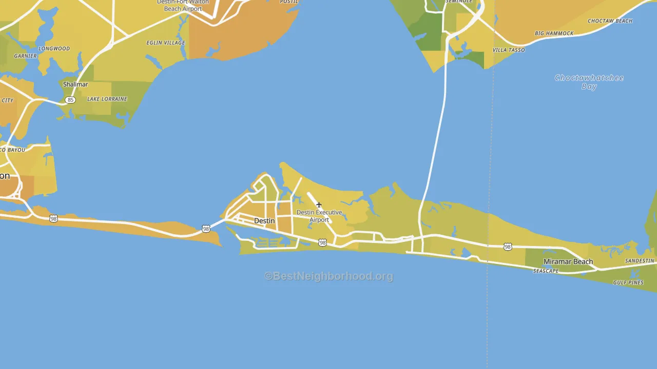 Map of the best neighborhoods in the Destin area, with better matches in green and worse matches in red