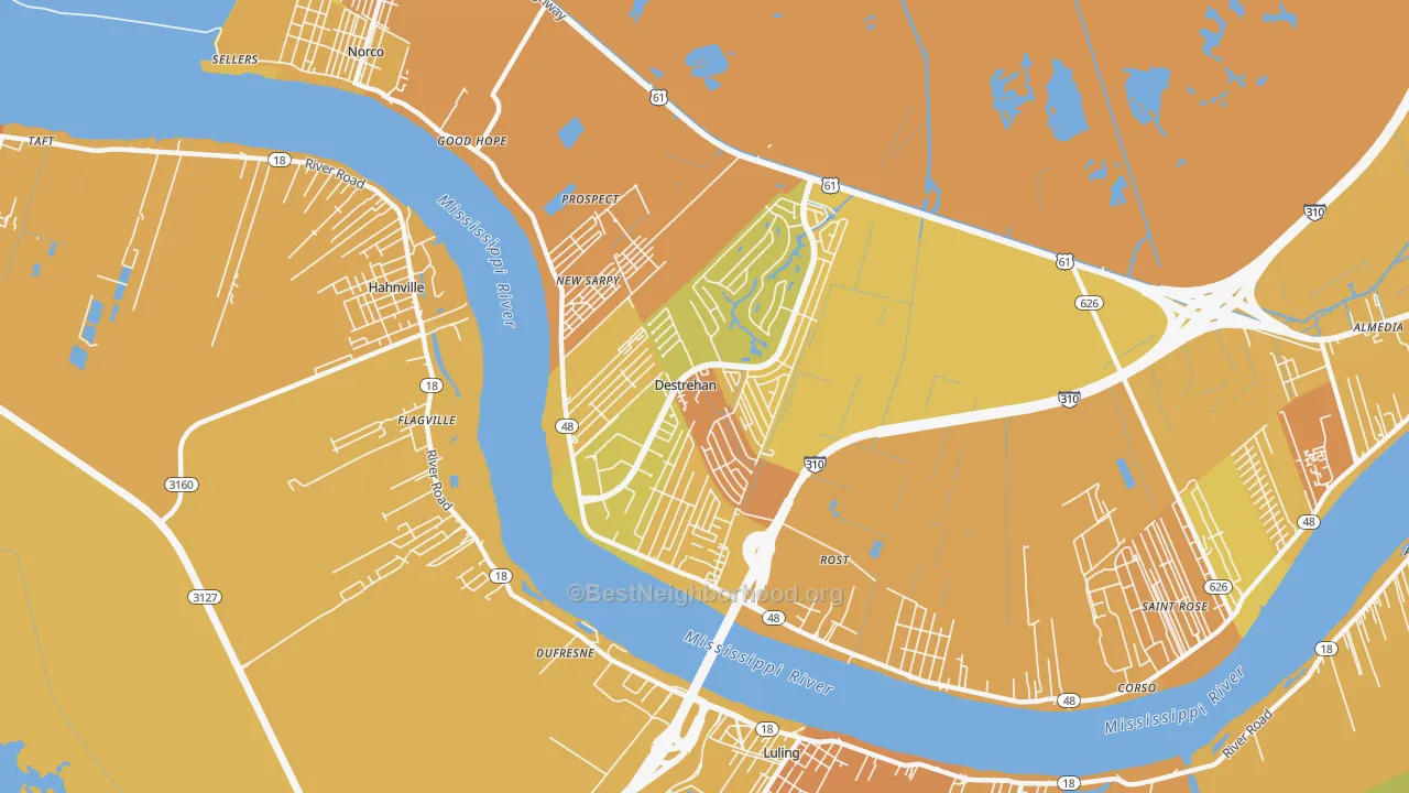Map of the best neighborhoods in the Destrehan area, with better matches in green and worse matches in red