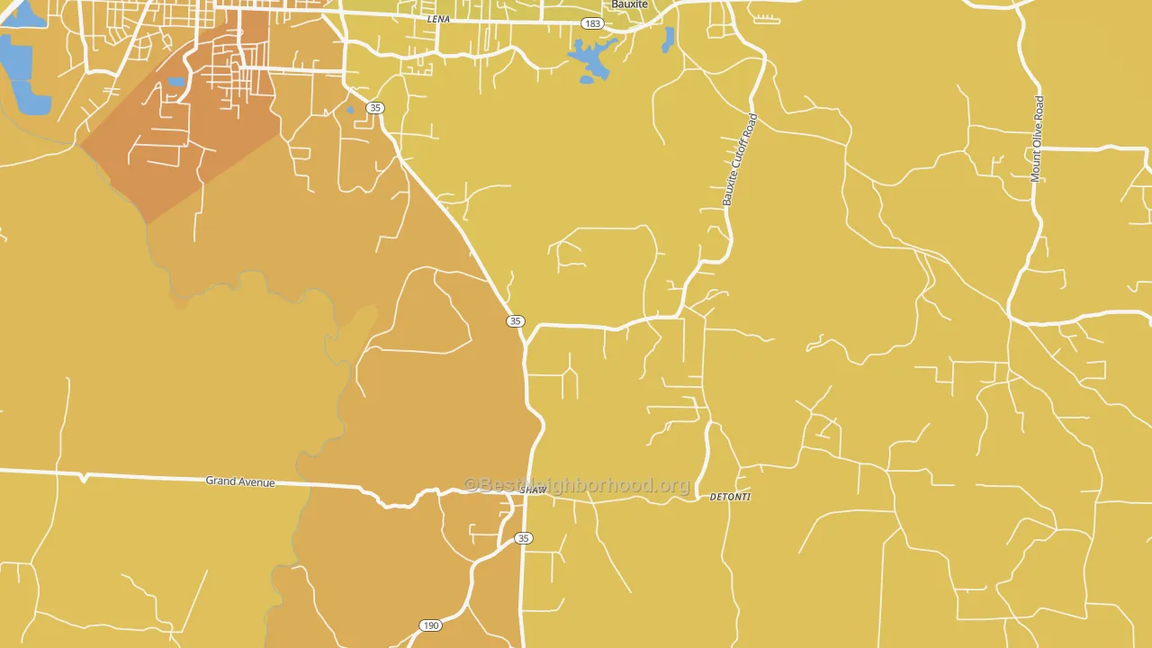 Map of the best neighborhoods in the Detonti area, with better matches in green and worse matches in red