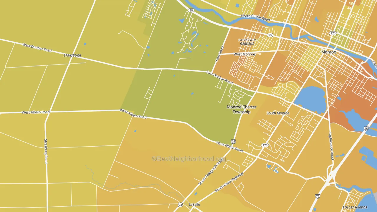 Map of the best neighborhoods in the Detroit Beach area, with better matches in green and worse matches in red