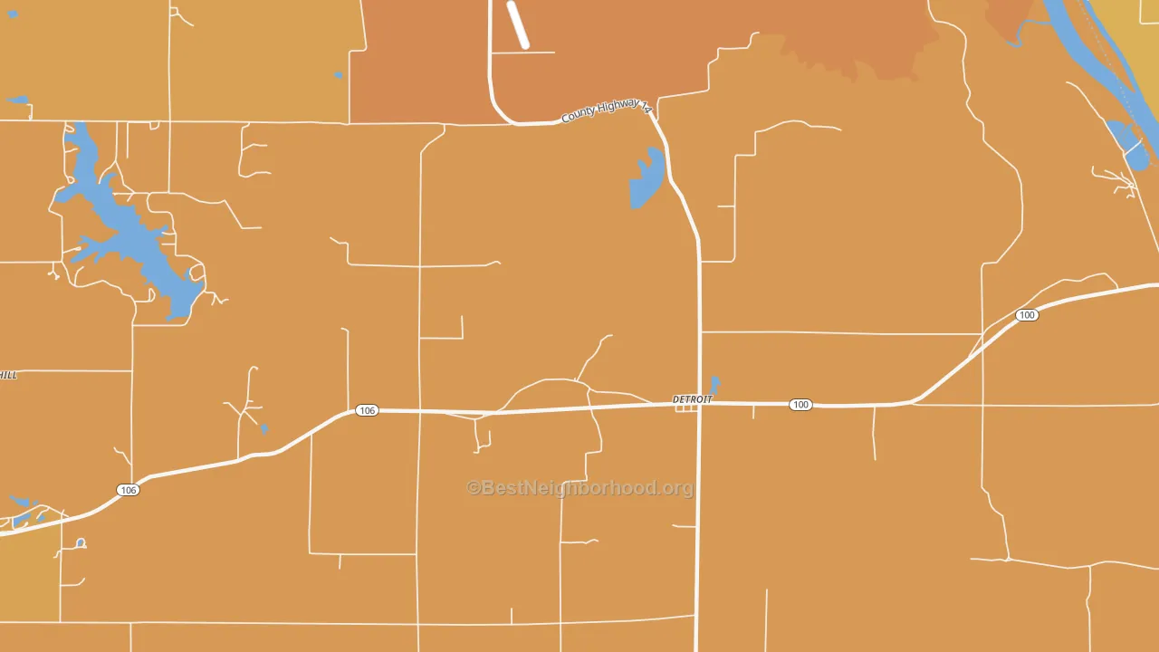 Map of the best neighborhoods in the Detroit area, with better matches in green and worse matches in red