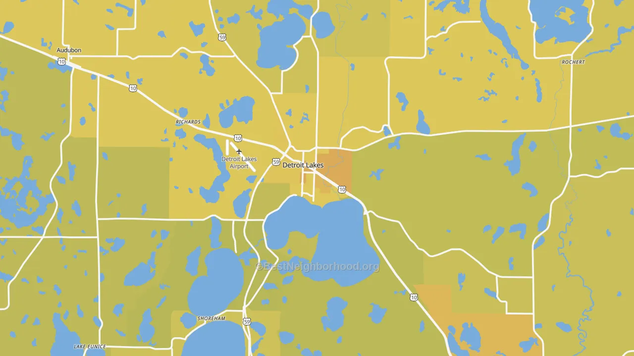 Map of the best neighborhoods in the Detroit Lakes area, with better matches in green and worse matches in red