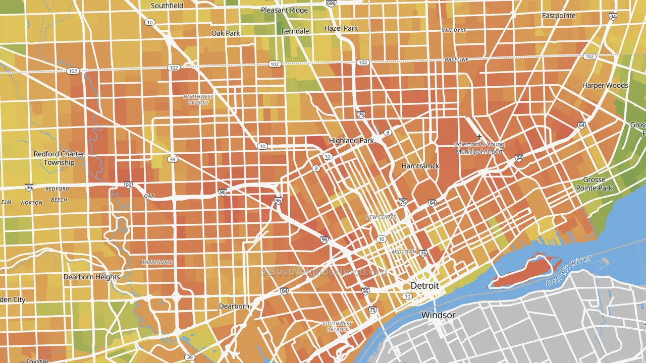 Map of the best neighborhoods in the Detroit Metro area, with better matches in green and worse matches in red