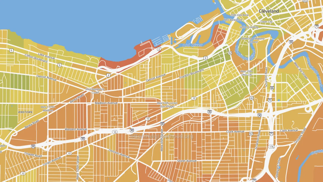 Map of the best neighborhoods in the Detroit Shoreway, Cleveland area, with better matches in green and worse matches in red