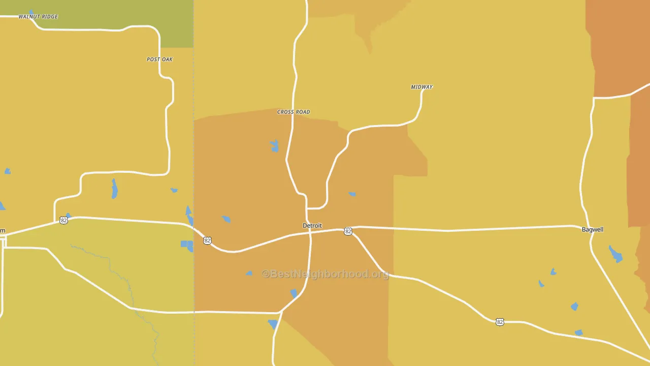 Map of the best neighborhoods in the Detroit area, with better matches in green and worse matches in red