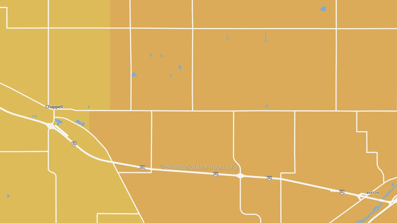 Map of the best neighborhoods in the Deuel County area, with better matches in green and worse matches in red