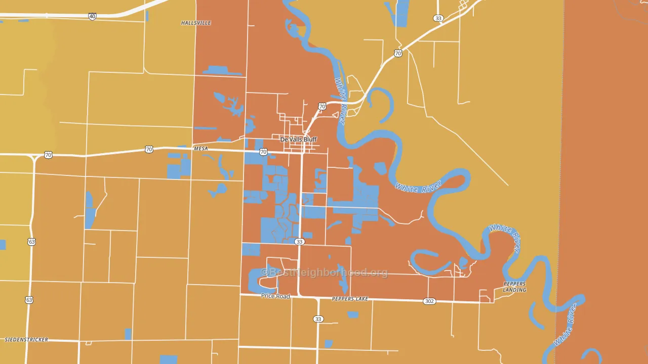Map of the best neighborhoods in the DeValls Bluff area, with better matches in green and worse matches in red