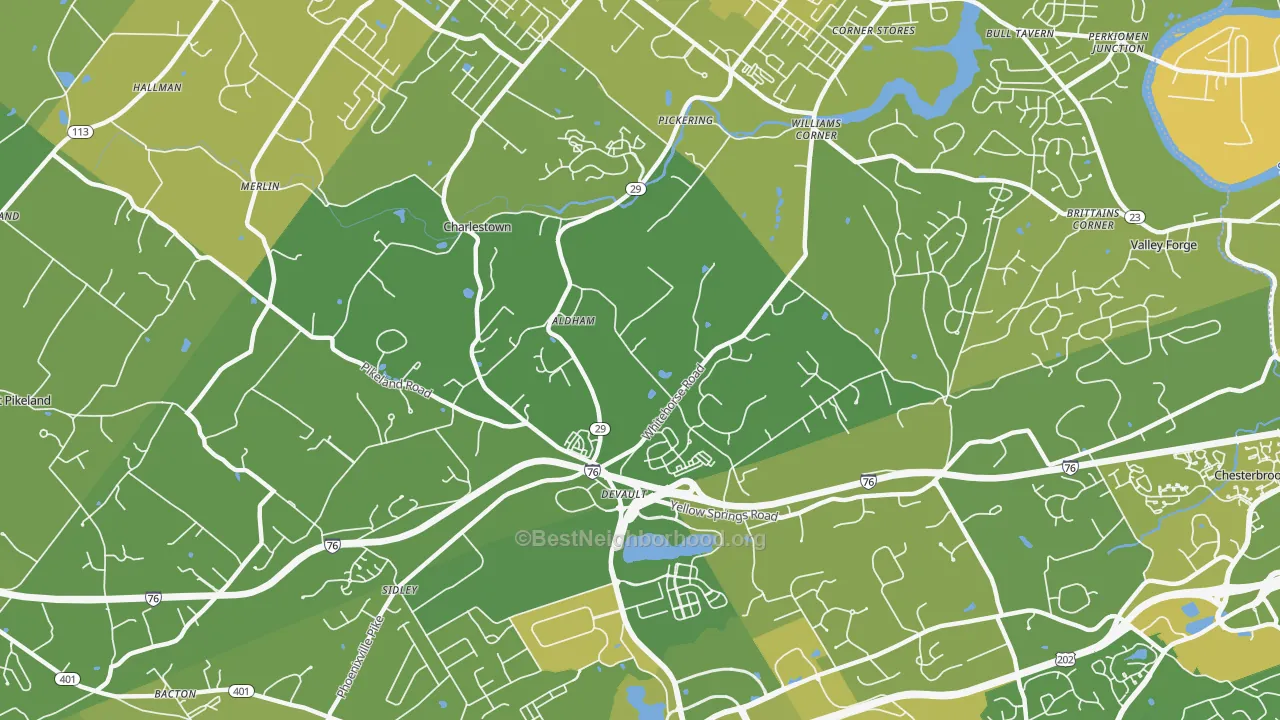 Map of the best neighborhoods in the Devault area, with better matches in green and worse matches in red