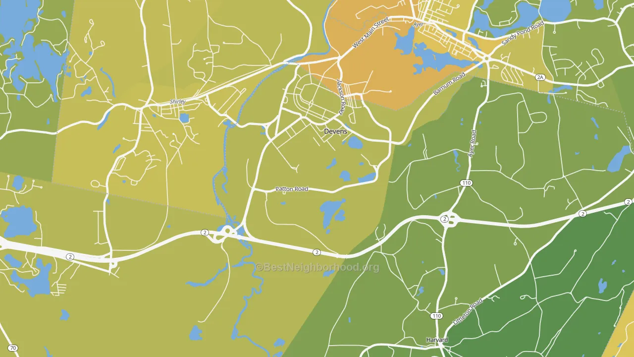 Map of the best neighborhoods in the Devens area, with better matches in green and worse matches in red