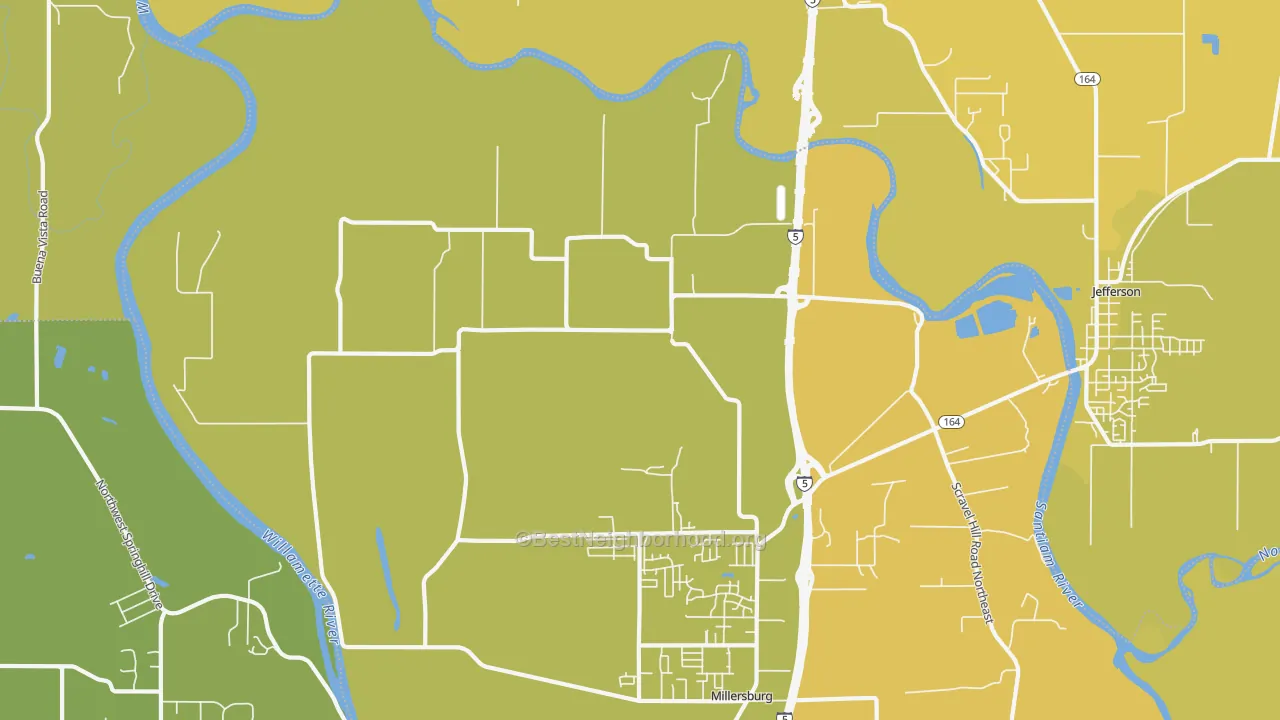 Map of the best neighborhoods in the Dever area, with better matches in green and worse matches in red