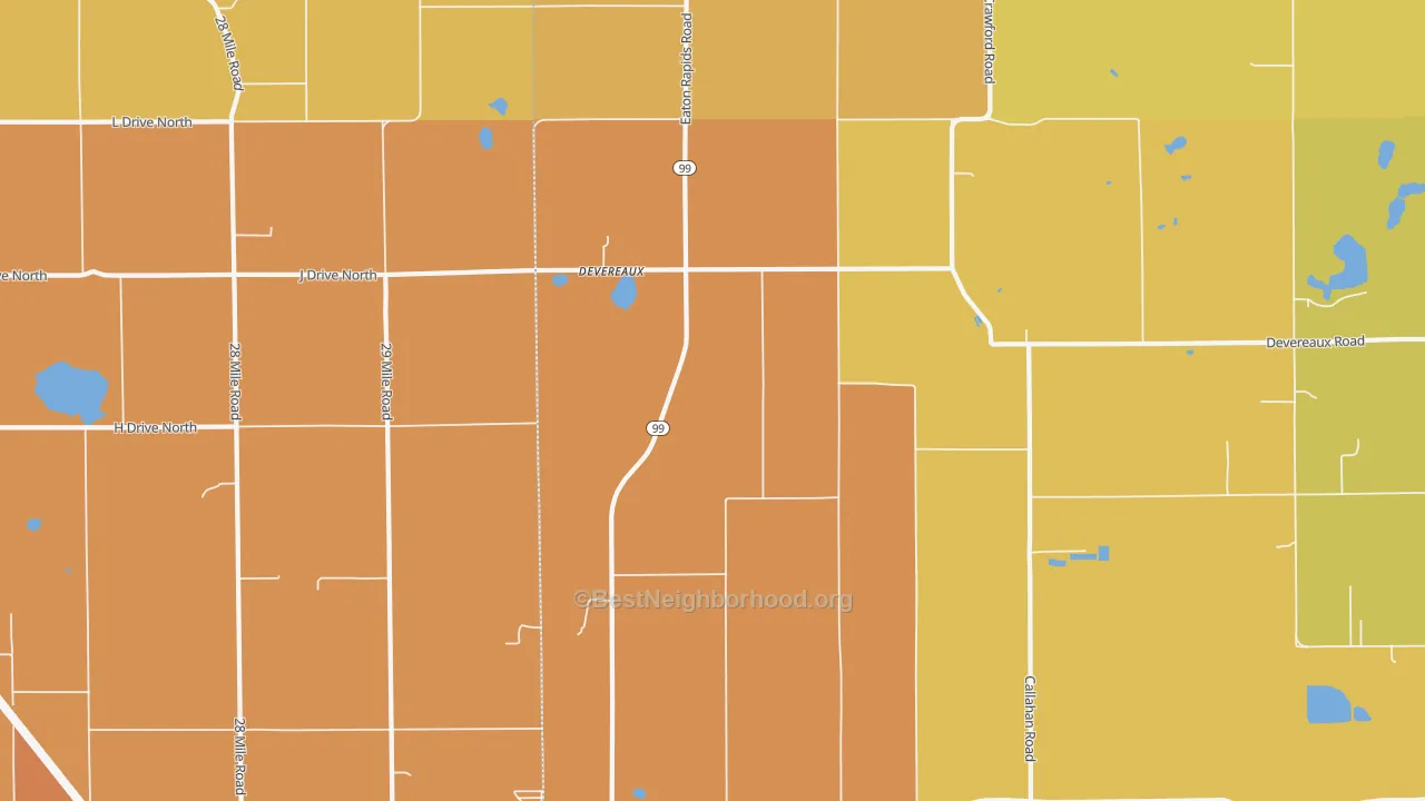 Map of the best neighborhoods in the Devereaux area, with better matches in green and worse matches in red