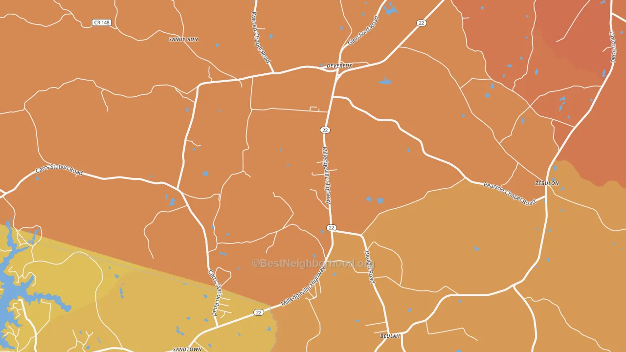 Map of the best neighborhoods in the Devereux area, with better matches in green and worse matches in red