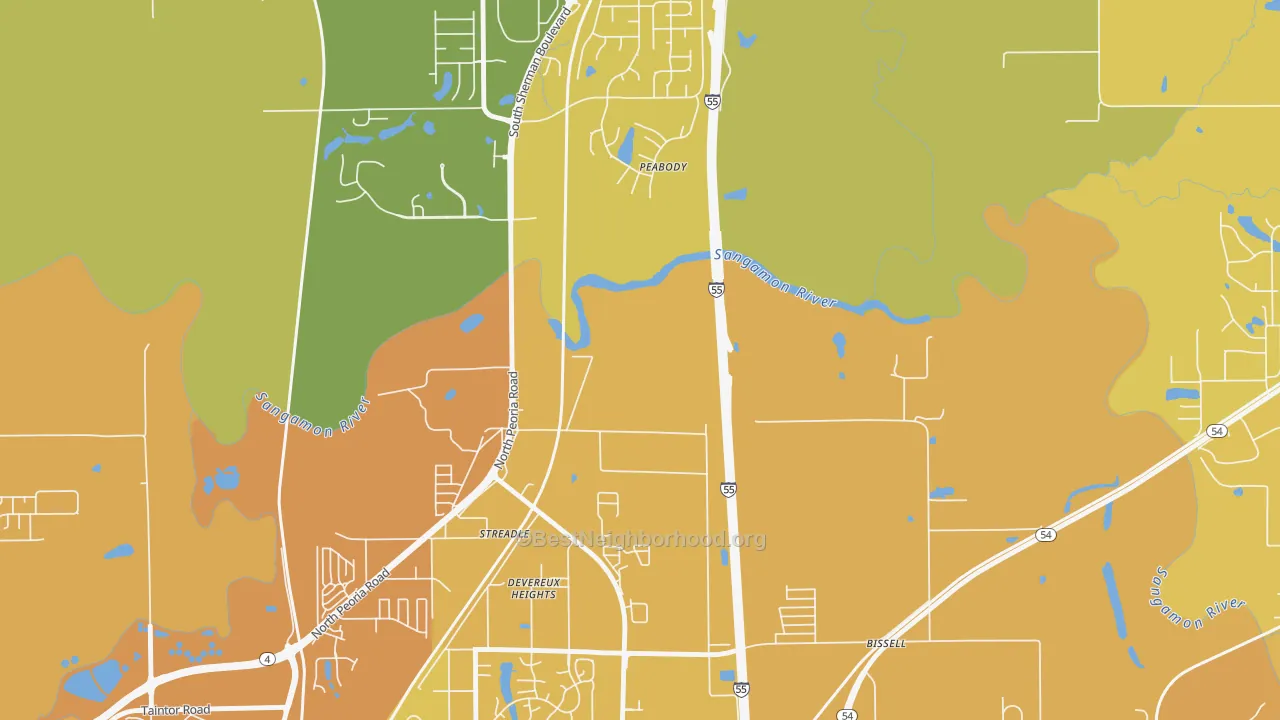 Map of the best neighborhoods in the Devereux Heights area, with better matches in green and worse matches in red