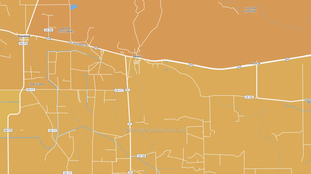 Map of the best neighborhoods in the Devers area, with better matches in green and worse matches in red