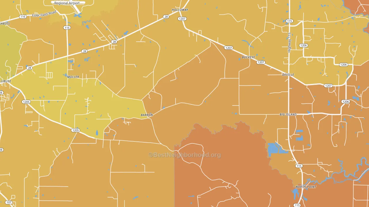 Map of the best neighborhoods in the Deville area, with better matches in green and worse matches in red