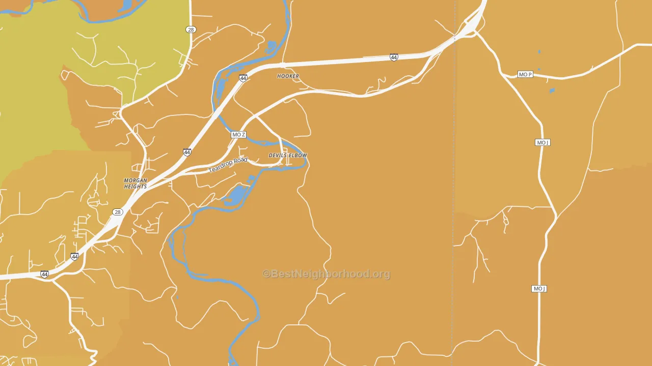Map of the best neighborhoods in the Devils Elbow area, with better matches in green and worse matches in red