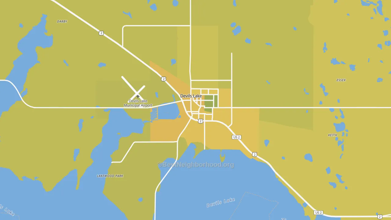 Map of the best neighborhoods in the Devils Lake area, with better matches in green and worse matches in red