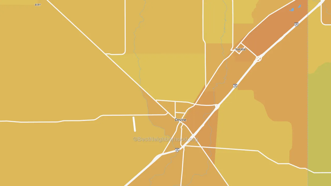 Map of the best neighborhoods in the Devine area, with better matches in green and worse matches in red