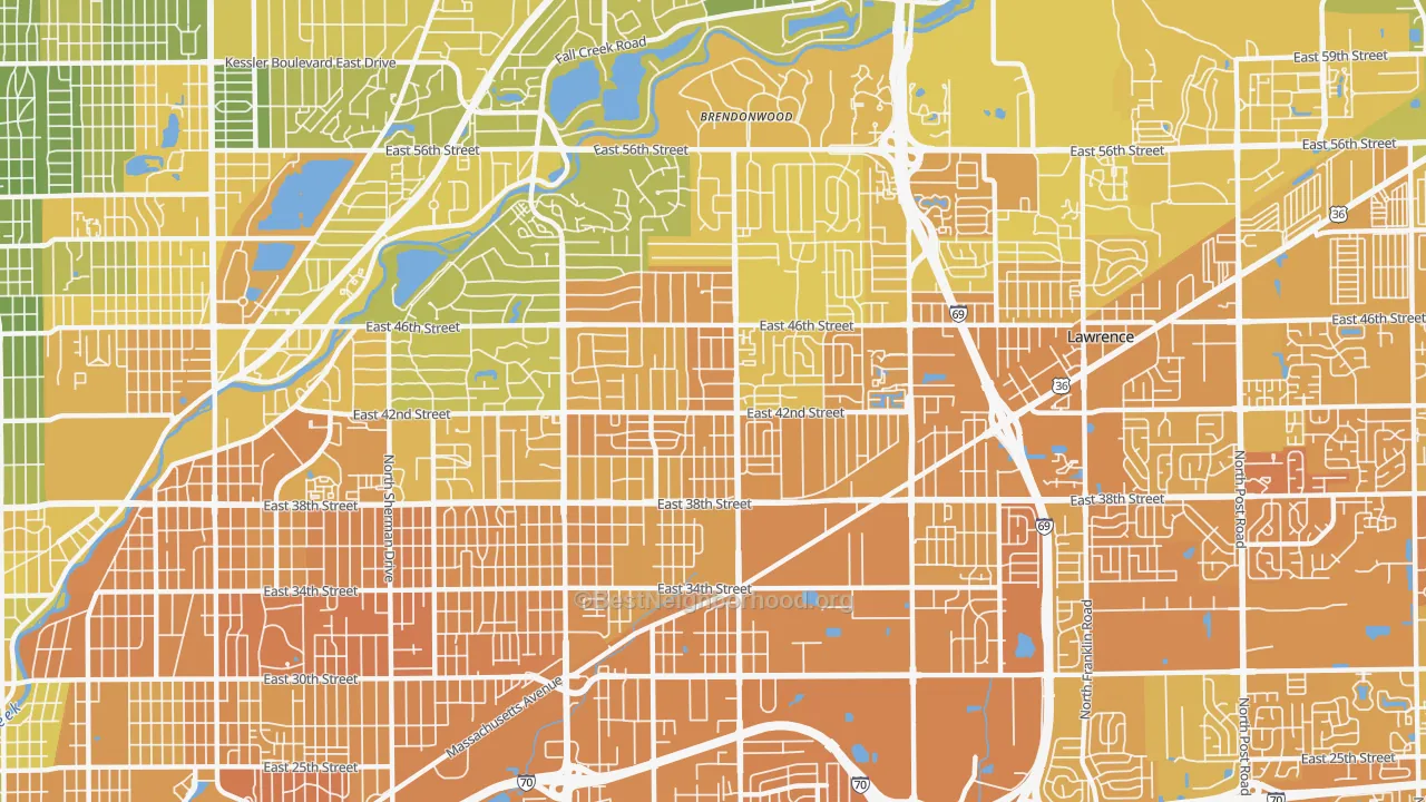 Map of the best neighborhoods in the Devington, Indianapolis area, with better matches in green and worse matches in red