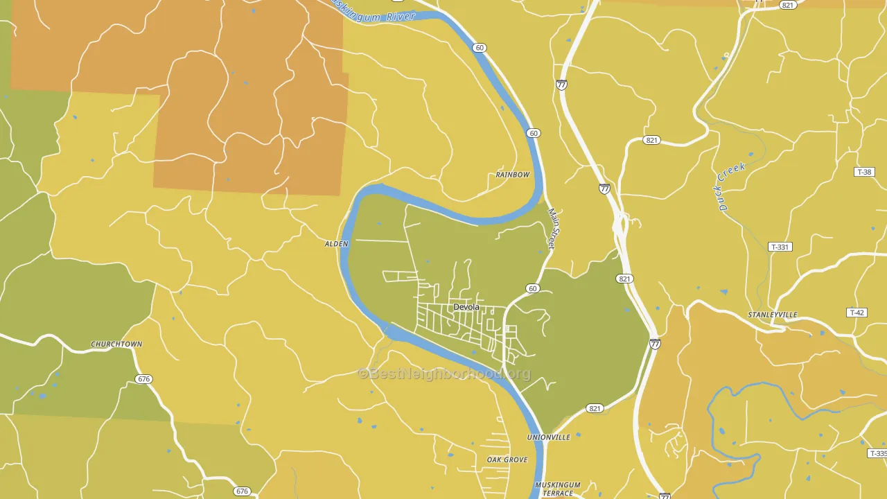 Map of the best neighborhoods in the Devola area, with better matches in green and worse matches in red