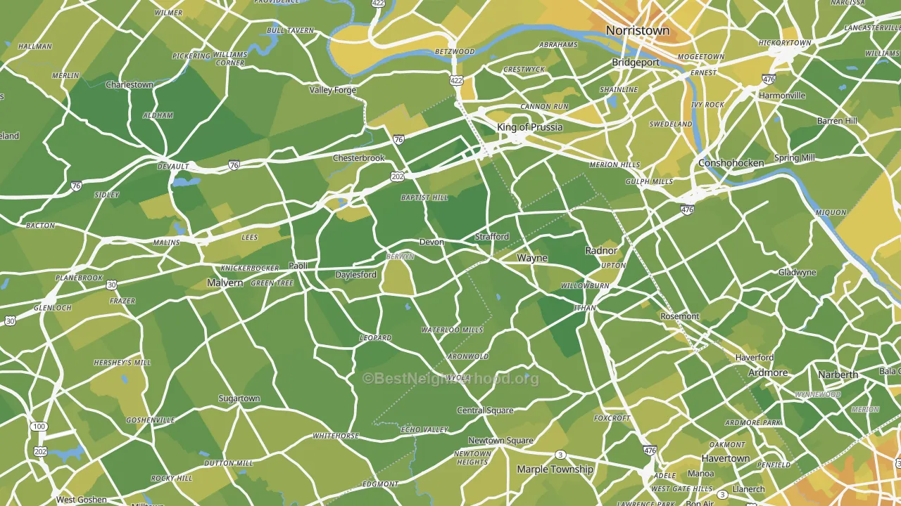 Map of the best neighborhoods in the Devon area, with better matches in green and worse matches in red