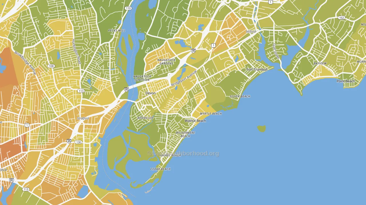 Map of the best neighborhoods in the Devon-Walnut Beach, Milford area, with better matches in green and worse matches in red