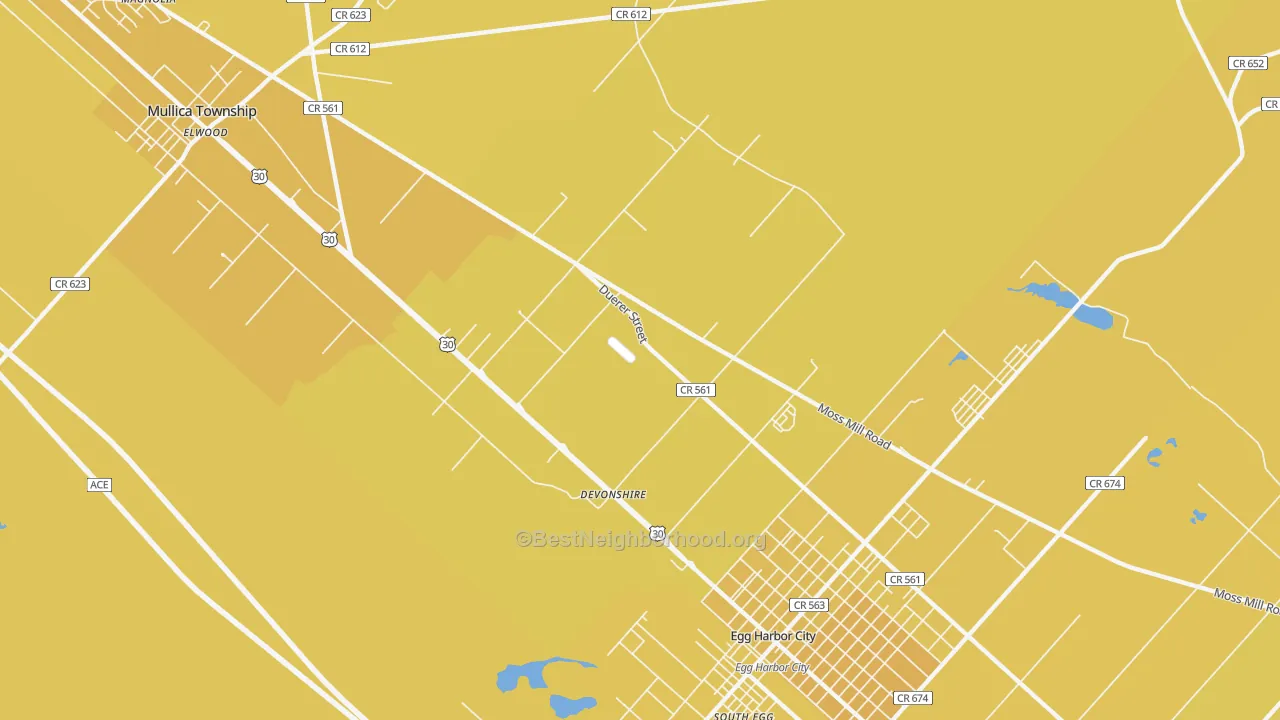 Map of the best neighborhoods in the Devonshire area, with better matches in green and worse matches in red
