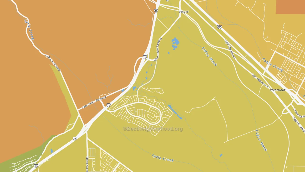 Map of the best neighborhoods in the Devore area, with better matches in green and worse matches in red