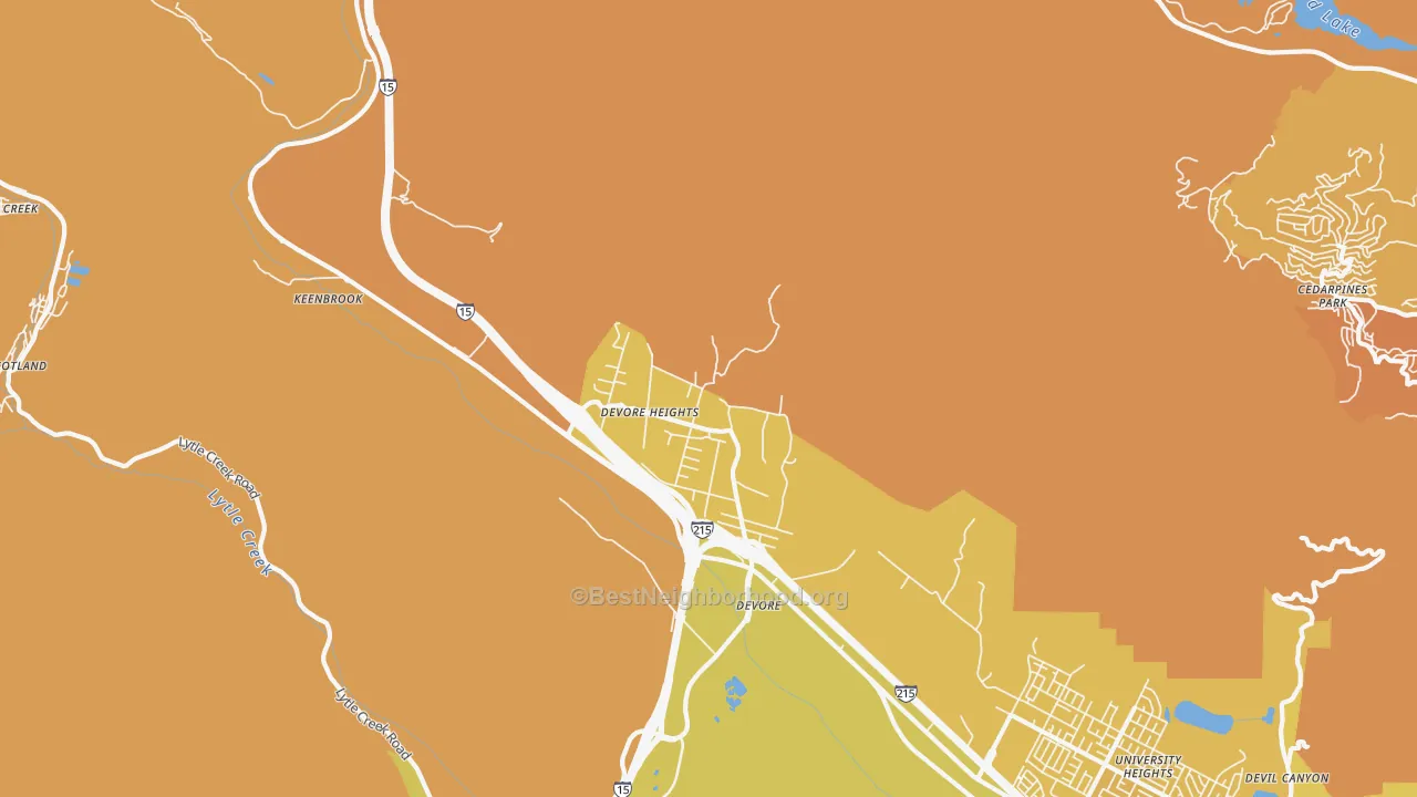 Map of the best neighborhoods in the Devore Heights area, with better matches in green and worse matches in red