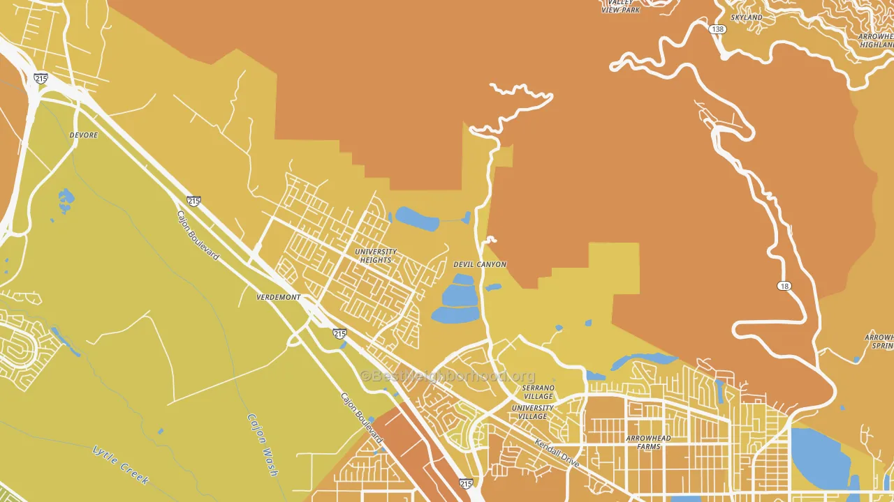 Map of the best neighborhoods in the Devore Hghts area, with better matches in green and worse matches in red