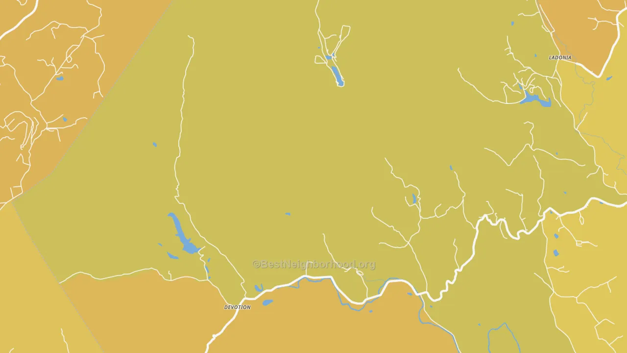 Map of the best neighborhoods in the Devotion area, with better matches in green and worse matches in red
