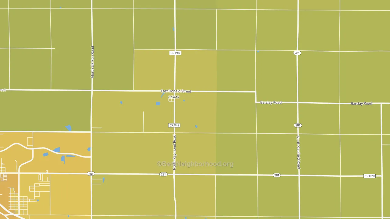 Map of the best neighborhoods in the Dewar area, with better matches in green and worse matches in red