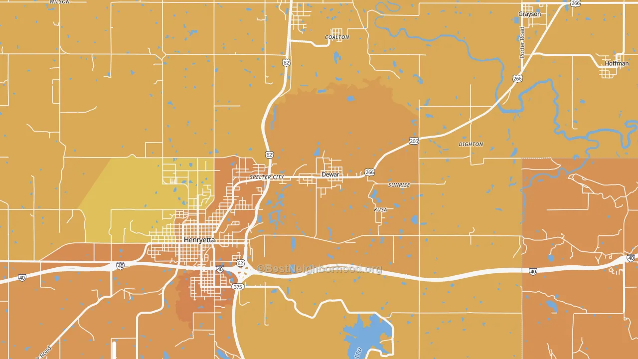 Map of the best neighborhoods in the Dewar area, with better matches in green and worse matches in red