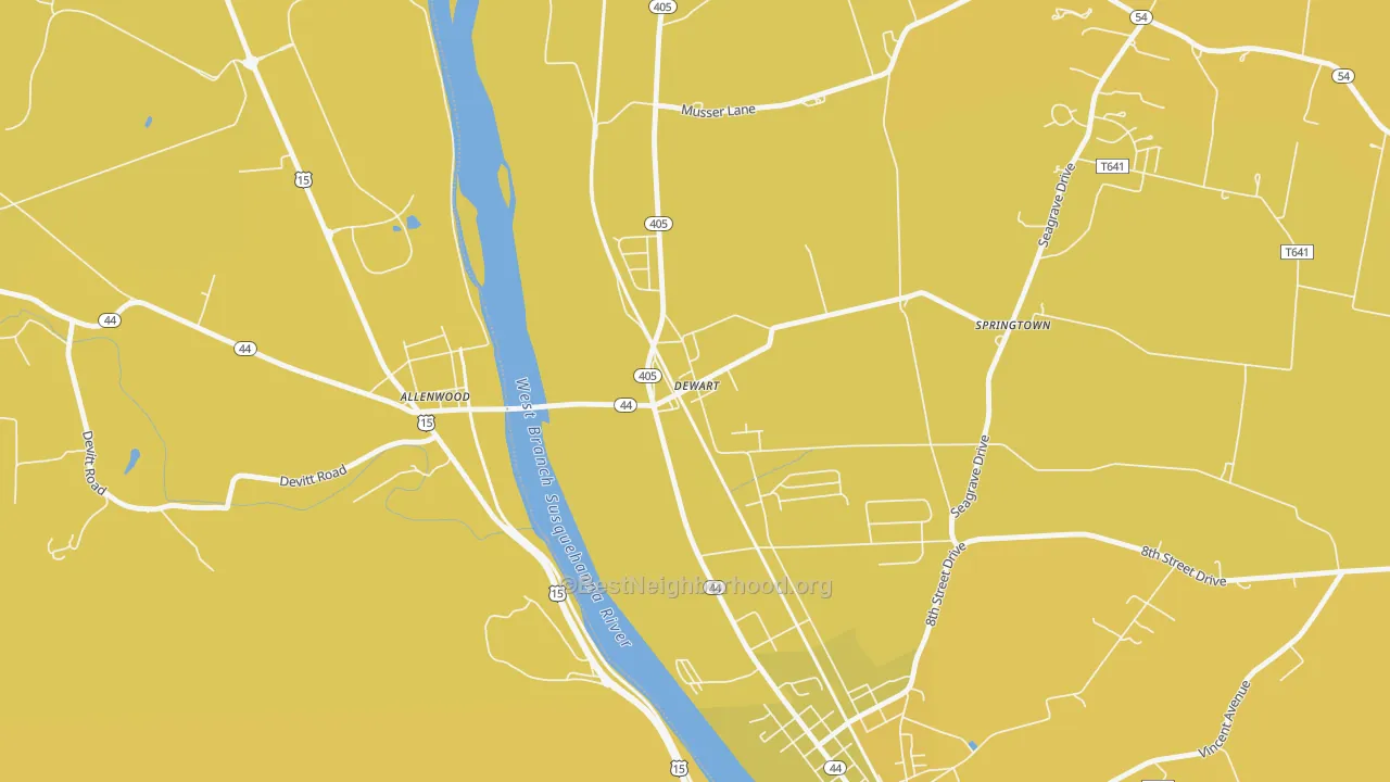 Map of the best neighborhoods in the Dewart area, with better matches in green and worse matches in red