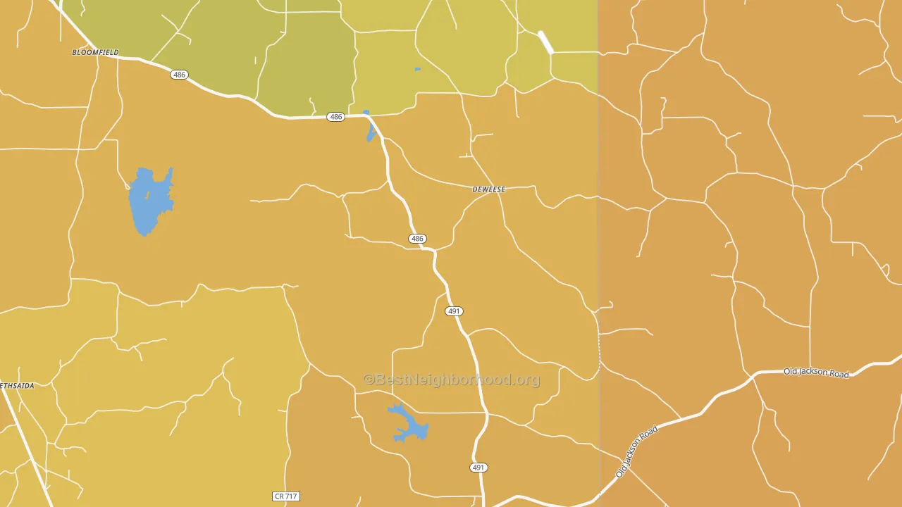 Map of the best neighborhoods in the DeWeese area, with better matches in green and worse matches in red