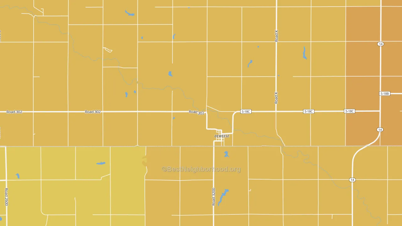 Map of the best neighborhoods in the Deweese area, with better matches in green and worse matches in red