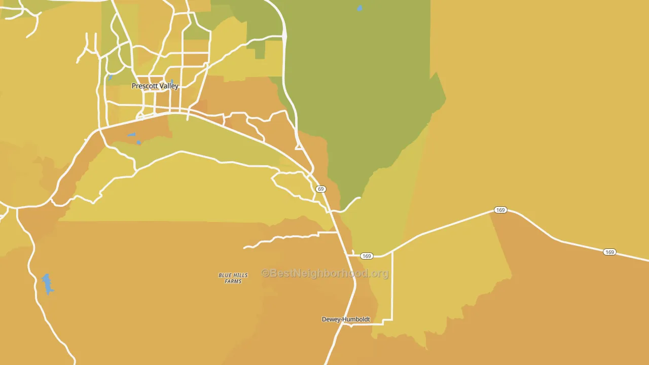 Map of the best neighborhoods in the Dewey area, with better matches in green and worse matches in red