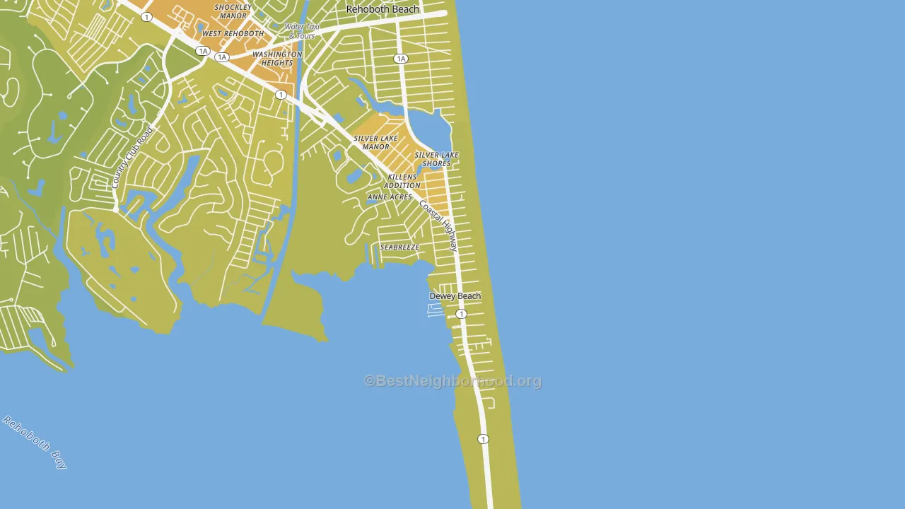 Map of the best neighborhoods in the Dewey Beach area, with better matches in green and worse matches in red