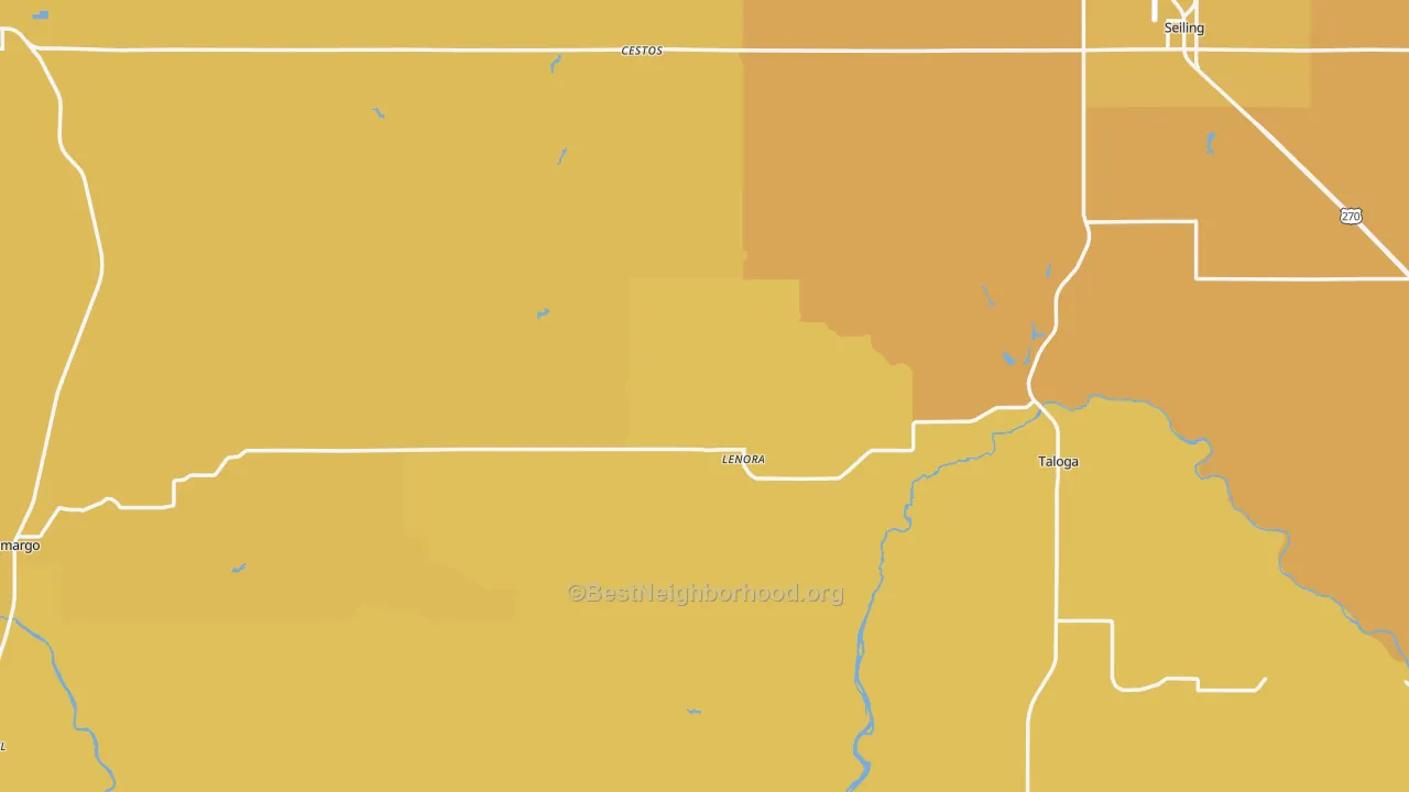 Map of the best neighborhoods in the Dewey County area, with better matches in green and worse matches in red