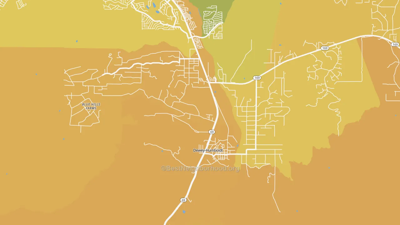 Map of the best neighborhoods in the Dewey-Humboldt area, with better matches in green and worse matches in red