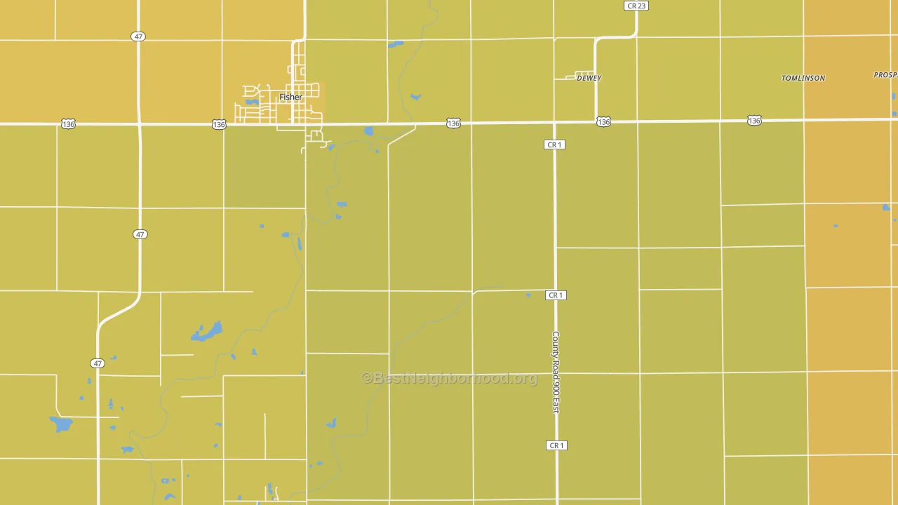 Map of the best neighborhoods in the Dewey area, with better matches in green and worse matches in red