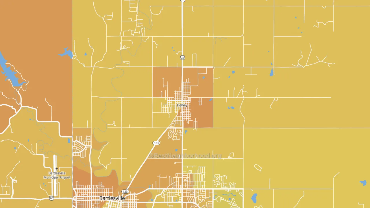 Map of the best neighborhoods in the Dewey area, with better matches in green and worse matches in red
