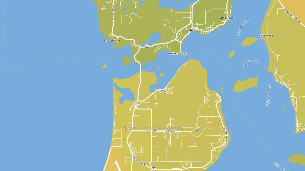 Map of the best neighborhoods in the Dewey area, with better matches in green and worse matches in red