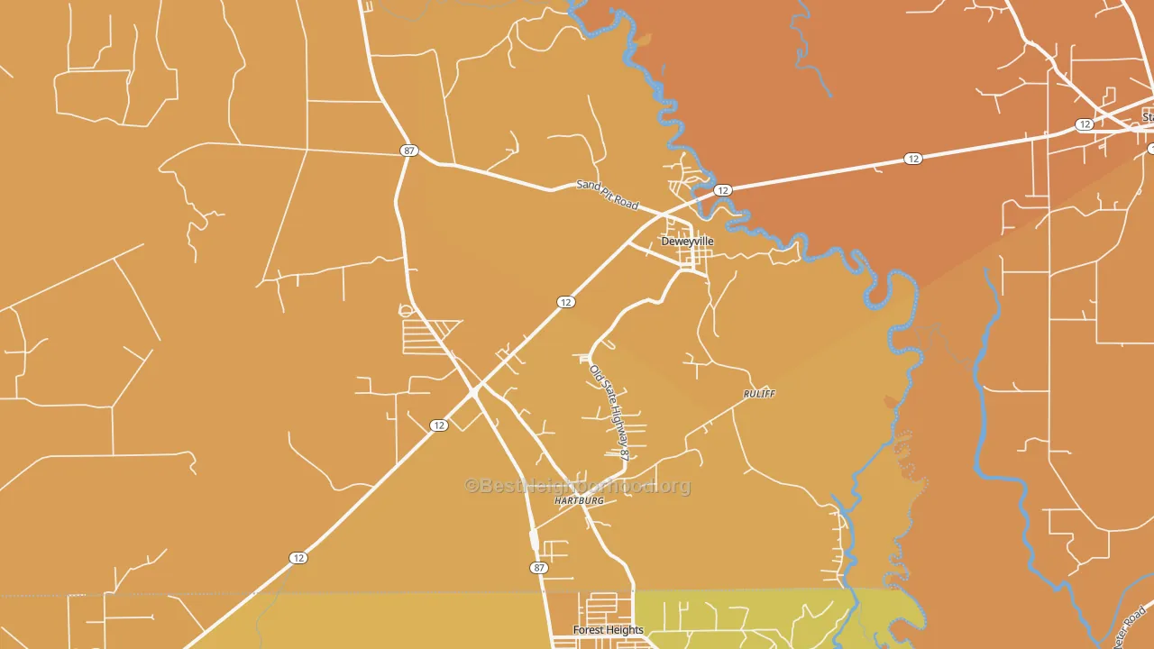 Map of the best neighborhoods in the Deweyville area, with better matches in green and worse matches in red