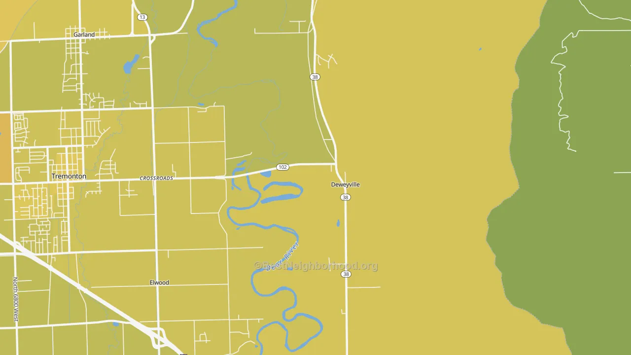 Map of the best neighborhoods in the Deweyville area, with better matches in green and worse matches in red