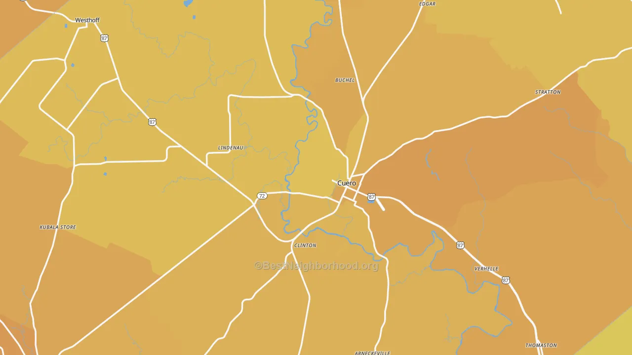 Map of the best neighborhoods in the DeWitt County area, with better matches in green and worse matches in red